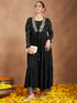 Janasya Women's Black Georgette Embellished Foil Printed Front-open Tiered Kurta Pant Set